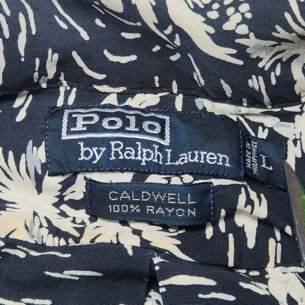 Vtg POLO RALPH LAUREN Caldwell Shirt Mens Large Black Aloha Loop Collar Beach